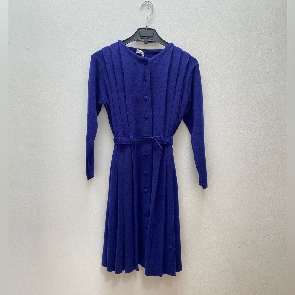Vintage - Made in Italy Deep Blue Indigo Wool Knitted Dress with Belt